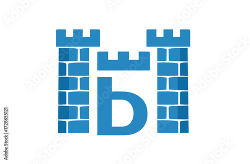 A stylized letter "b" centered within a simplified castle illustration with blue brickwork design