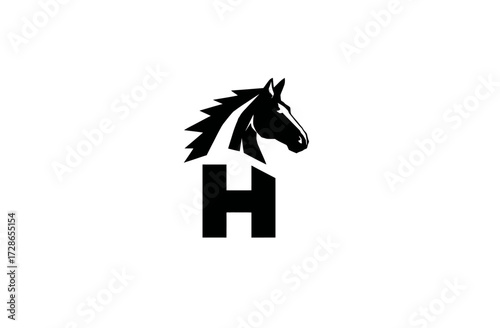 A black and white image featuring a horse head profile atop a stylized letter "H" graphic