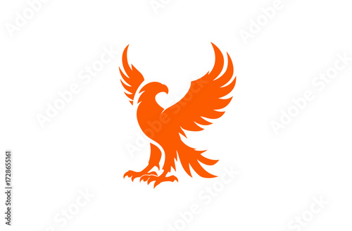 A striking, stylized depiction of a bird with outstretched wings in vibrant orange against a white background
