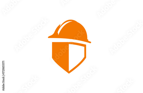 A minimalistic orange and white logo featuring a construction helmet above a shield shape