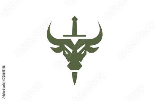 A symmetrical design features a bull's head with a sword. The image is a simple, flat design in one color
