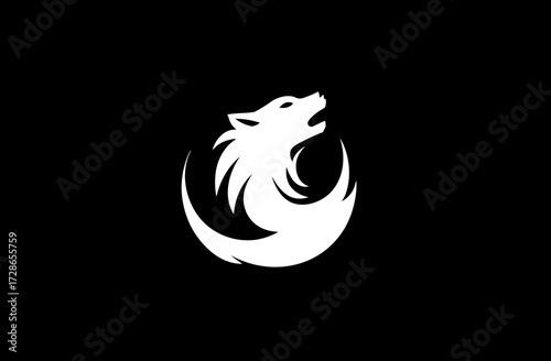 White howling wolf silhouette enclosed in a crescent on a stark black background