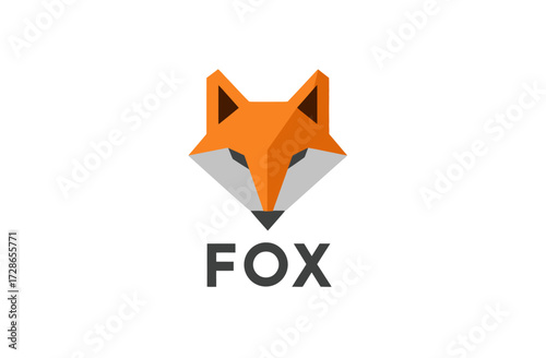 Geometric fox head image, simplified design with sharp angles, and the word 'FOX' below