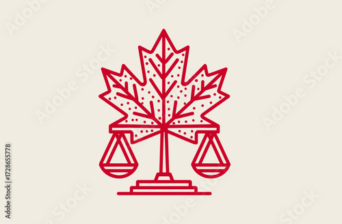 Red linear illustration combining a maple leaf with balance scales. Neutral background