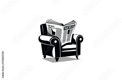 An illustration showing a stylized armchair with a newspaper. The chair is dark, the paper is in grayscale