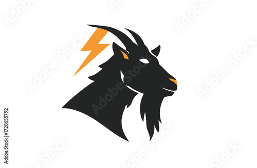 A bold black goat head with an orange lightning bolt set against a white background