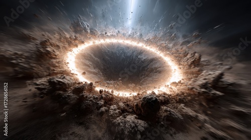 Impactful Crater: A breathtaking, artistic rendering showcases a colossal, incandescent crater, born from an epic impact with celestial drama
