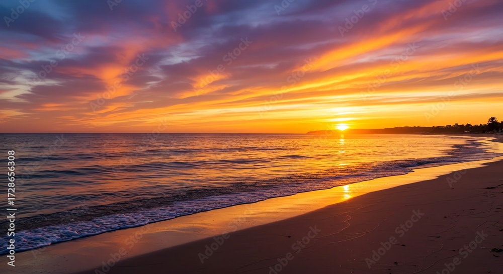 Naklejka premium Golden Hour Serenity Beautiful Beach Sunrise Coastal Landscape