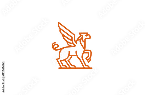 A stylized image of a mythological griffin in profile, outline in warm orange, white background