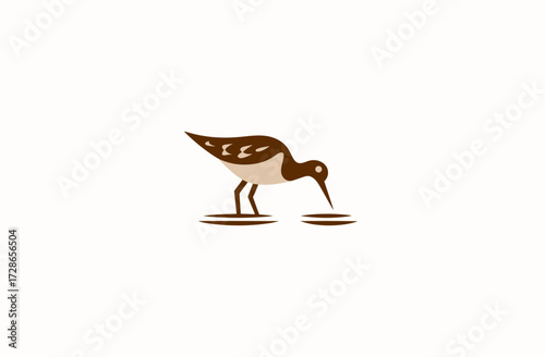 Simplified shorebird forages in water, shown in browns and beiges on a blank background