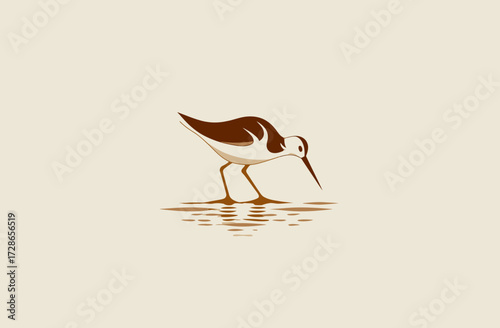 Simple illustration of a bird with long beak, near water, in shades of brown