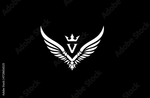 White wings spread apart with V and crown emblem, on black background