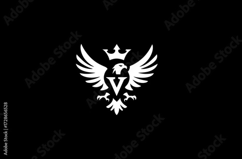 White silhouette of a crowned eagle emblem with wings spread on a black background