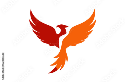 Stylized phoenix with red-orange wings rising, a minimalist and geometric design