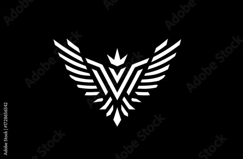 Stylized geometric bird in white against black, wings spread wide in symmetrical design