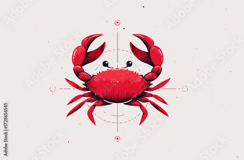 Bright red crab with eyes, centered on a dotted circle grid with off-white background