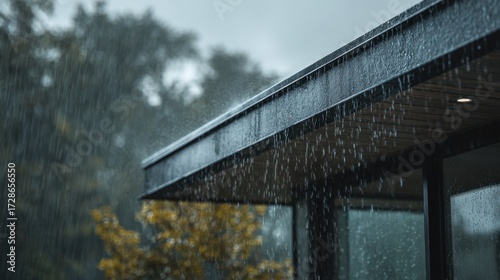 Monsoon Downpour on Roof: A modern home is gently drenched by an atmospheric rain shower, as water cascades from the eaves, creating a serene scene of nature’s cleansing touch.
