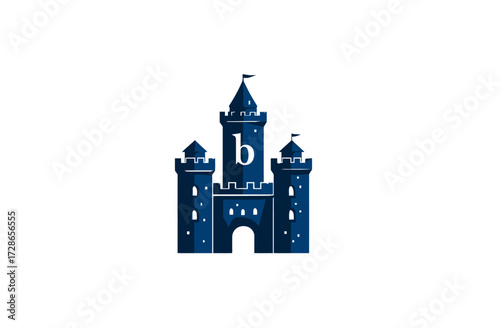Dark blue, three-towered castle with flags and a capital 'b' on the central tower