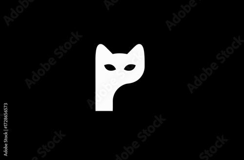 White cat's head, minimal design, silhouette on a black backdrop, looking forward