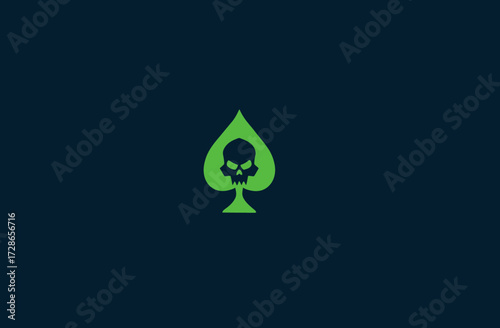 Green spade symbol with a skull in the center against a solid dark blue background