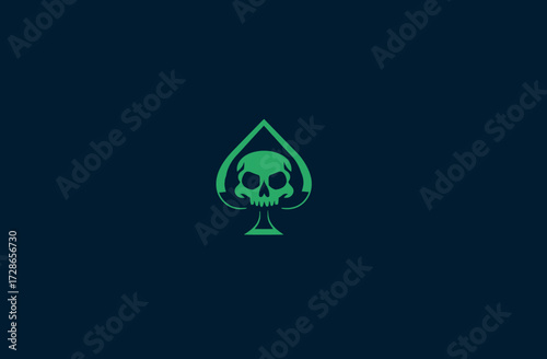 Green skull in a spade symbol, centered on a dark blue background