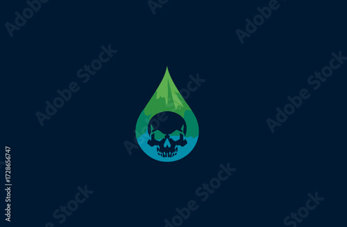 Abstract water drop with skull outline on dark background; blue and green hues