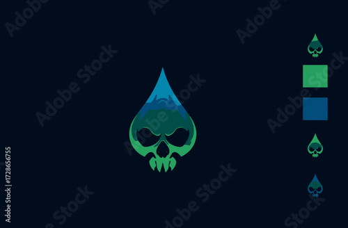 Stylized skull design nested in a teardrop shape, featuring blue-green hues on dark background