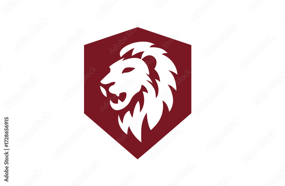 Fototapeta premium Vector illustration White lion head silhouette inside a maroon hexagon shield shape