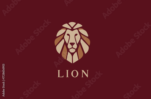 Graphic of a lion head with minimalist style, beige and brown on a maroon background