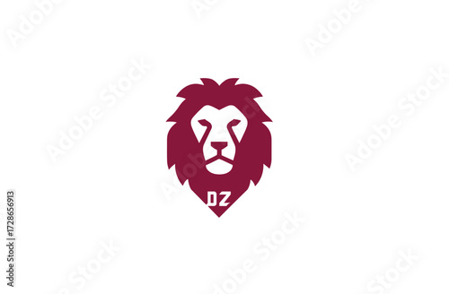 Maroon lion head with a geometric mane, isolated on white background with letters "DZ