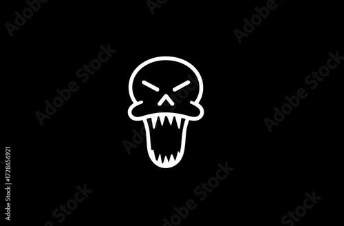 Minimalist white skull icon with angry eyes and sharp teeth on a black background