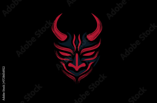 Stylized demon mask illustration in red and gray against a black backdrop