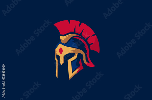 Graphic of a red-plumed helmet, golden faceplate on dark blue backdrop, stylized graphic