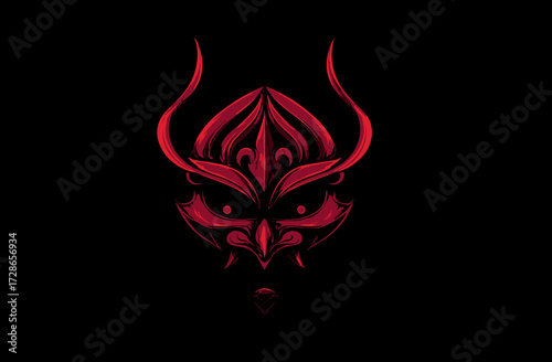 Red devil mask with horns, detailed linework and black background, stylized illustration