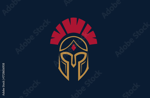 Stylized Spartan helmet, gold trimmed, with red crest, set against a dark blue field