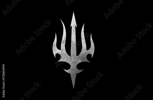 Textured metallic trident emblem in the center on a stark black background