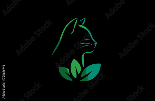 Gradient green outline of a cat profile atop leaves on a black background