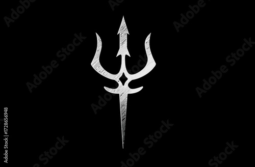 Distressed silver trident emblem with a diamond shape against a black background
