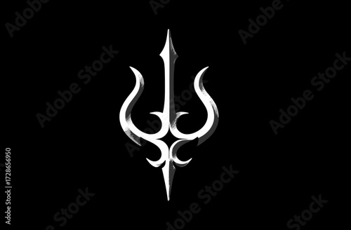 White trident icon illustration on black background, with grunge effect & 3D shading