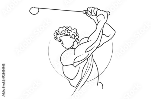 Line art of a muscular man swinging a rod, reminiscent of classical sculpture