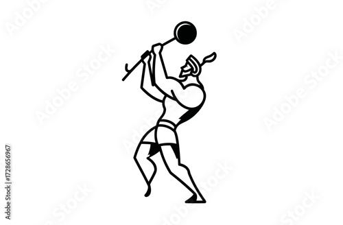 Graphic art of a muscular figure in a helmet holding a ball on a stick