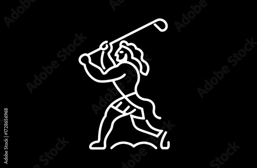 Stylized white outline of a golfer swinging on a black background, in motion