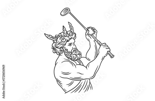 Sketch of a Greek god with wings on his head swinging a golf club on a white background
