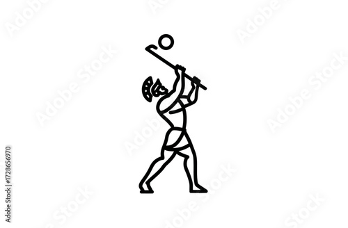 Black-line drawing of ancient athlete hitting a ball with a hockey stick