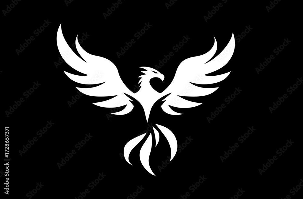 Obraz premium Minimalist white phoenix with spread wings, tail feathers, set against a black background
