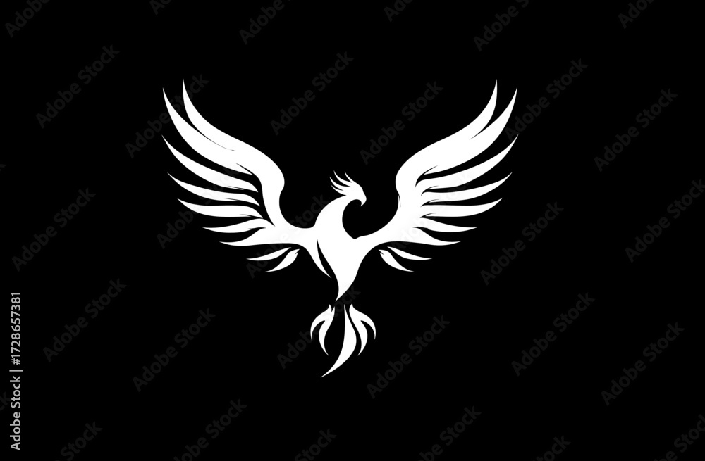 Obraz premium White phoenix stylized, wings spread against black background, tail feathers flaming