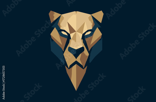 Stylized geometrical tan and blue lion head portrait on a dark navy blue background