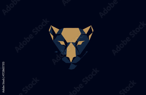 Stylized, geometric, gold and navy jaguar head on a dark blue background