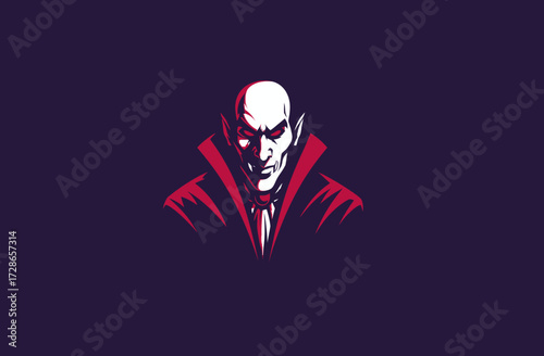 A stylized illustration depicts a vampire's face. He is bald with sharp ears and piercing red eyes