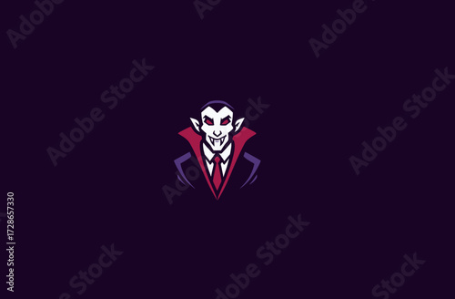 A sinister depiction of a vampire with piercing red eyes, a dark color palette, and ominous fangs
